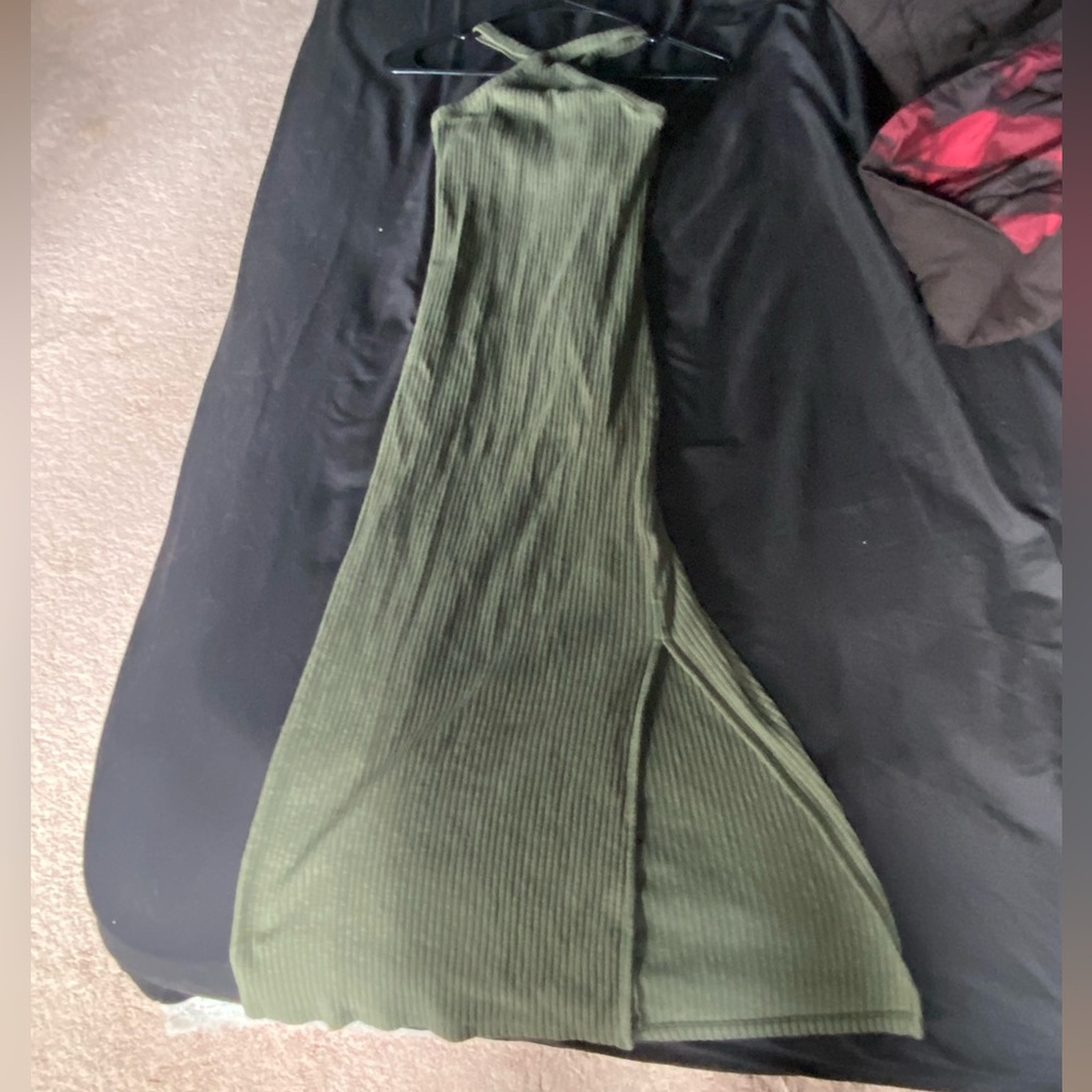 Green Bodycon Long Slit Dress; Size XS; Ribbed Material; Never Worn